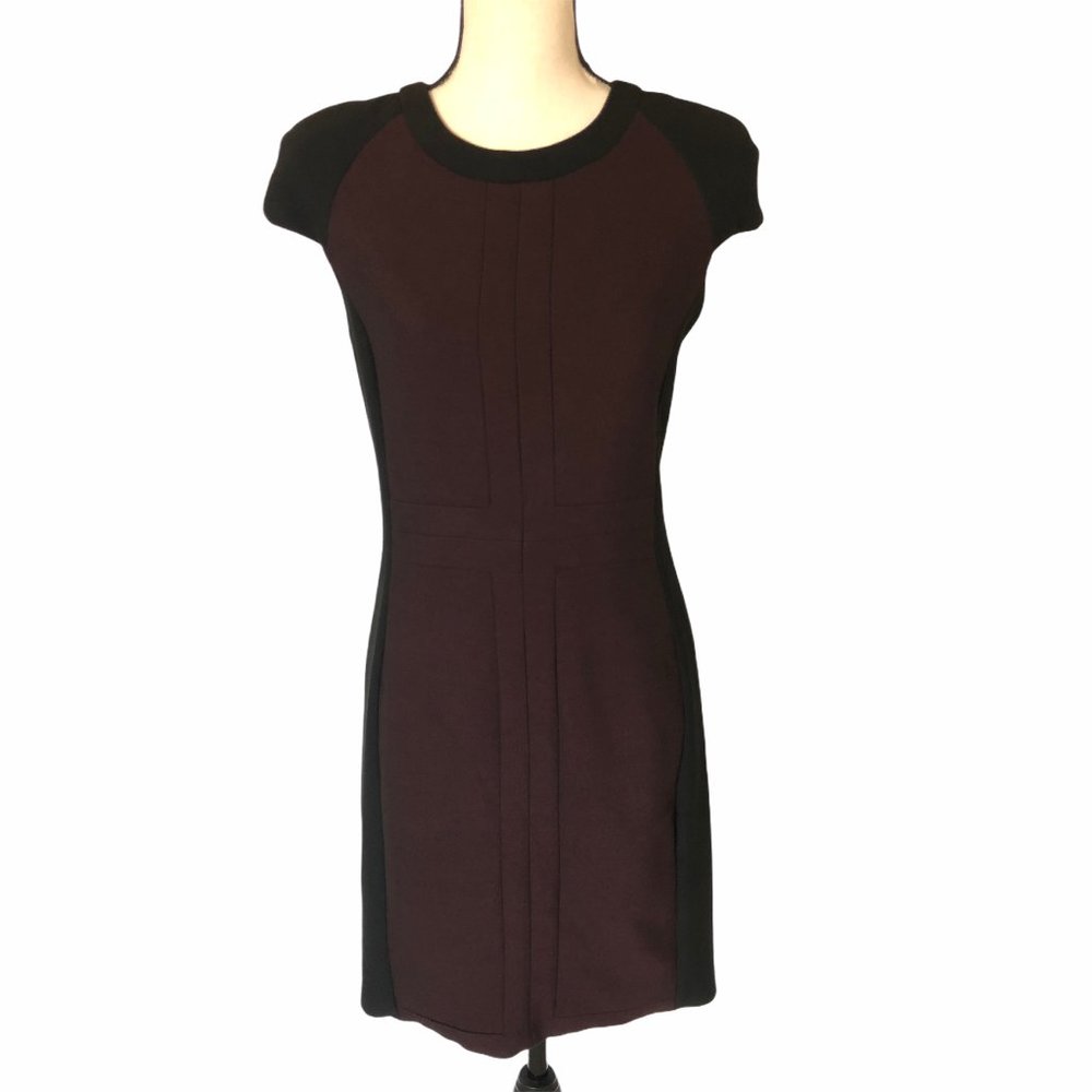 ZARA BASIC BURGUNDY BLACK CAP SLEEVE COLOR BLOCK SHEATH DRESS MEDIUM